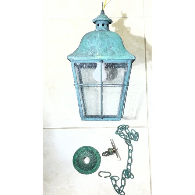 Vintage-Style Hand-Painted Verdigris Metal Hanging Pendant Lantern - 19”x10x10 For Sale - Image 4 of 11