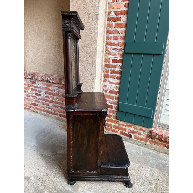 Wood Antique French Gothic Devotional Cabinet Religious Painting Carved Oak Kneeler For Sale - Image 7 of 18