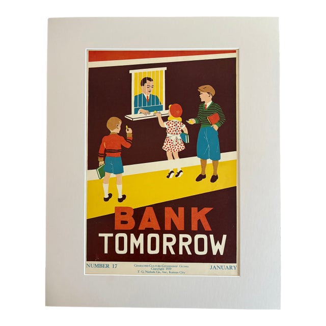 Original Vintage 1939 Character Culture Poster "Bank Tomorrow" in 16x20 Mat For Sale