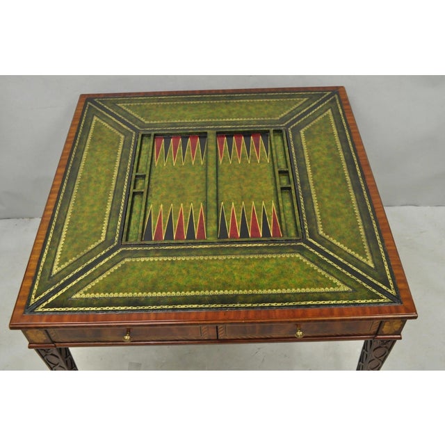 Brown Maitland Smith Marquetry Inlay Leather Mahogany Game Table & 4 Shield Back Chair For Sale - Image 8 of 18