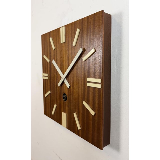 Industrial Vintage Brown Wooden Wall Clock from Pragotron, 1980s For Sale - Image 3 of 16