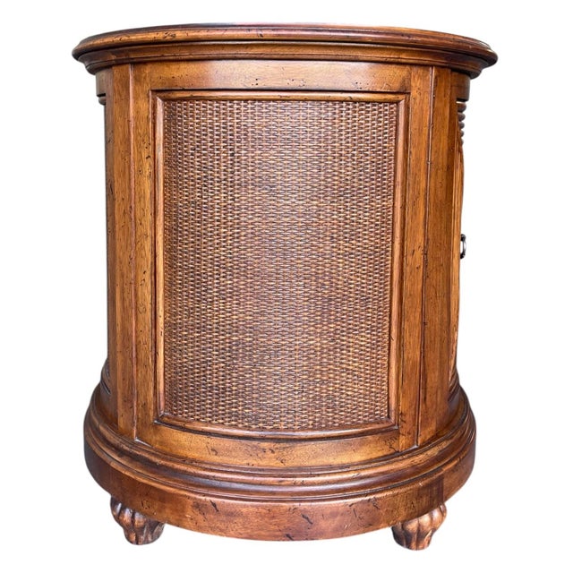 English Vintage Lexington Tommy Bahama Cayman Drum Table With Rattan & Louvered Door For Sale - Image 3 of 10