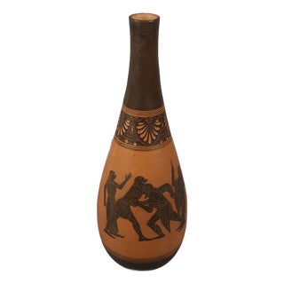 Greek Terracotta Vase with Ancient Fighting Mythological Black Figures For Sale