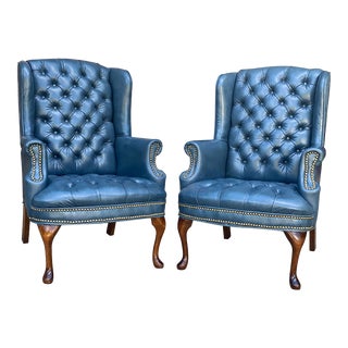Vintage Traditional Turquoise Button Tufted Wingback Library Club Chair - a Pair For Sale