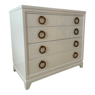 1950s Lacquered Chest of Drawers Original Thick Bronze Hoop Pulls United Furniture Corporation For Sale