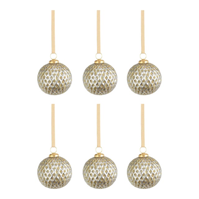 Beehive Silver with Gold Glitter Ball Ornaments, Set of 6, 4" For Sale