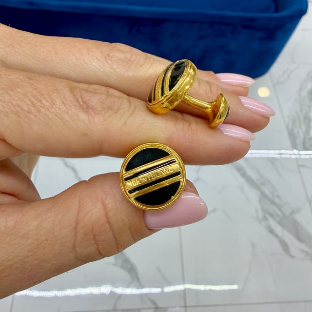 Gold Men’s Retired Montblanc Gold Plated Black Enamel Round Cufflinks, Pair For Sale - Image 8 of 8