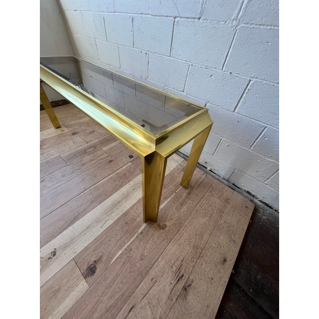 Modern 1970s Sculptural Brass-Tone Aluminum and Smoked Glass Console Table For Sale - Image 3 of 9