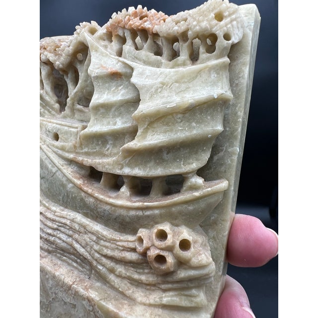 Mid 20th Century Vintage/Antique Soapstone Hand Carved Mirroring Chinese Bookends Ships Nautical For Sale - Image 5 of 12