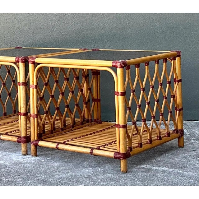 Vintage Trellis Rattan and Glass Side Tables - Pair For Sale - Image 11 of 12