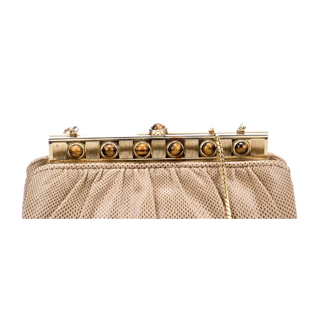 Metal 90s Judith Leiber Karung Tiger Eye Gemstone Karung SnakeSkin Day Evening Handbag Gemstones Vintage Shoulder For Sale - Image 7 of 11