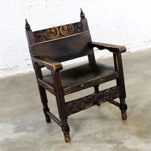 Spanish Hacienda Style Arm Chair Hand Carved Leather Artes De Mexico