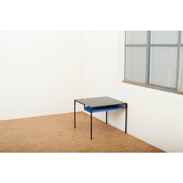 Coffee Table in Black Lacquered Metal Square Tube and Glass Top with Blue Metal Shelf For Sale - Image 9 of 11