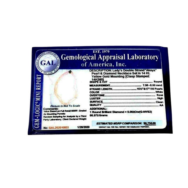 1990s Diamond Akoya Pearl Necklace 8 Mm 14k Gold 17 in 2-Strand Certified For Sale - Image 4 of 16