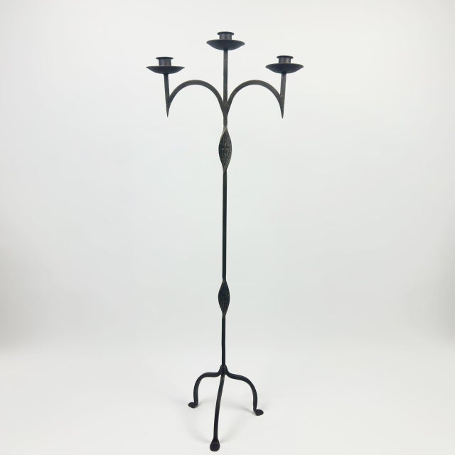 Hand Forged Iron Floor Candelabra 47.5″ (121cm) Leaf Detail Antique Copper or Gold Patina 3-Arm Candle Holder Rustic Decor For Sale - Image 4 of 9