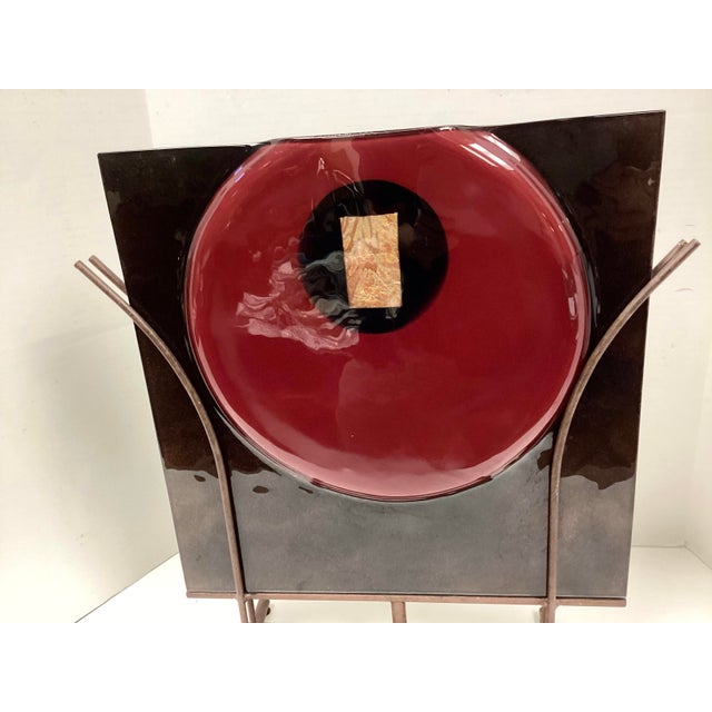 Signed Sculptural Art Glass Vase on Iron Stand For Sale - Image 9 of 10