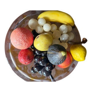 Mottahedeh Collection of 9 Italian Alabaster Fruit and 12" Diameter Etched Glass Bowl For Sale