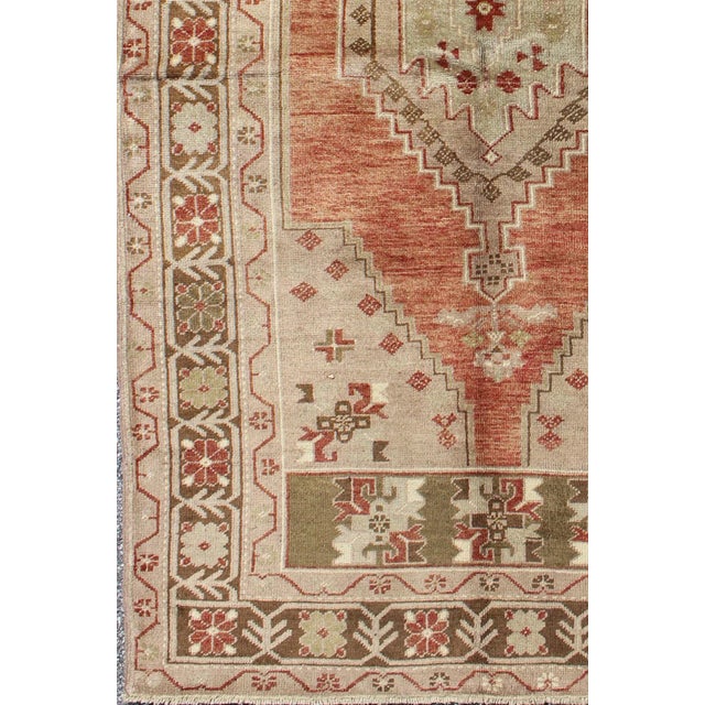 Turkish Vintage Oushak Rug With Geometric Motifs in Terracotta, Green and Tan For Sale - Image 3 of 7