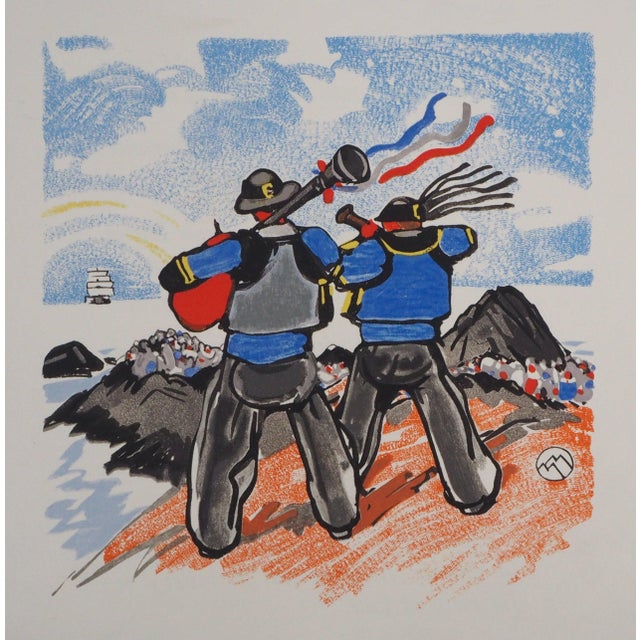 Mathurin meheut brittany: bagpipe players, the departure, 1932 wood engraving on vellum signed in the plate vellum mounted...