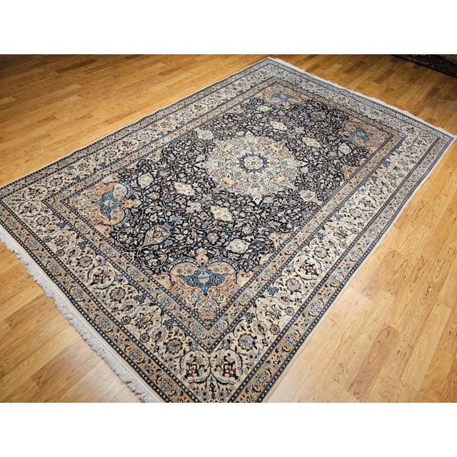 Vintage Room Size Persian Nain Rug, Handwoven Floral Pattern With Silk Highlights, Navy & Ivory , 9’ X 13’ For Sale In Chicago - Image 6 of 12