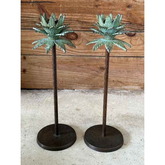 Pair of Tropical Coastal Palm Tree Metal Candlesticks With Verdigris Green Fronds For Sale - Image 11 of 12