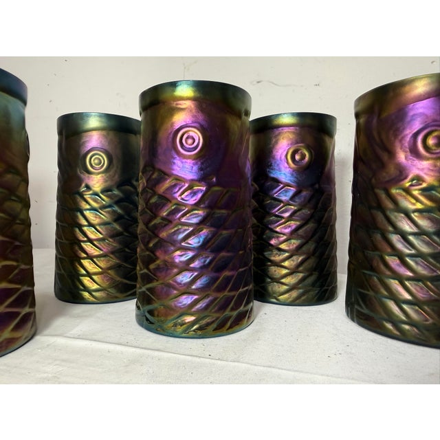 1990s 1990s John Cook Koi Fish Iridescent Cobalt Glass Tumbler Cup - Lot of 8 For Sale - Image 5 of 15