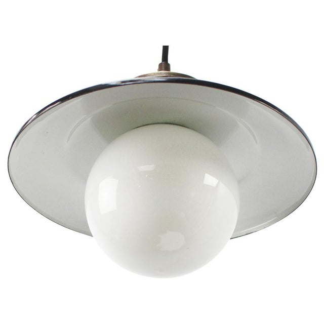 Vintage Black Enamel, Opaline Glass, Porcelain & Brass Pendant Lamp For Sale - Image 4 of 7