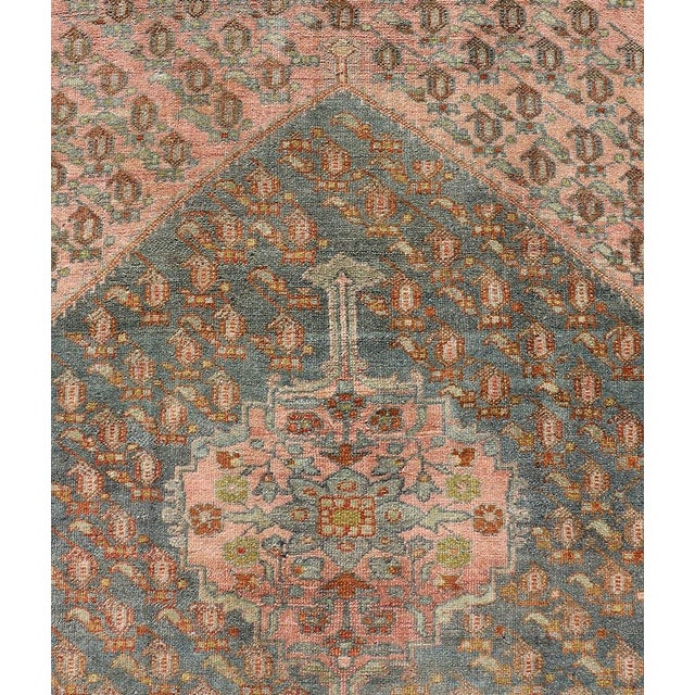 Antique Persian Gallery Malayer Rug With Geometric Design in Gray-Blue and Pink For Sale In Atlanta - Image 6 of 12