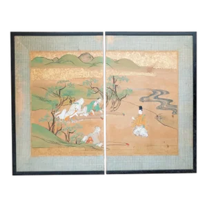 19th Century Japanese Meiji Period Watercolor Folding Table Screen Painting
