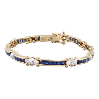 2.60ctw Blue Sapphire Diamond Bar Link Tennis Bracelet 18k Yellow Gold 6.75" For Sale