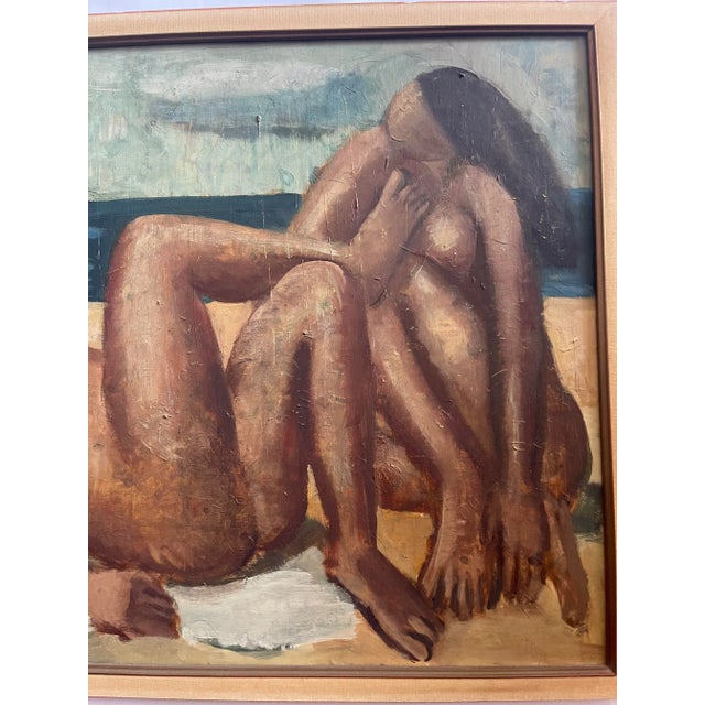 Portraiture Oleg Zinger Oil Painting Sign Cubism Naked Women on the Beach 1945 France For Sale - Image 3 of 11