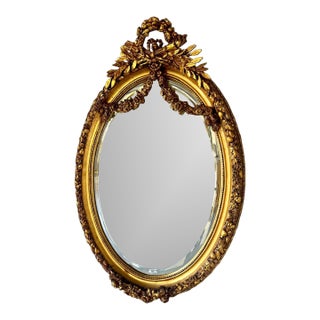 Italian Oval Wall Mirror – Gold Leaf Frame With Flowers For Sale
