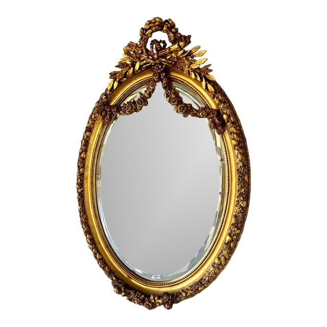 Italian Oval Wall Mirror – Gold Leaf Frame With Flowers For Sale