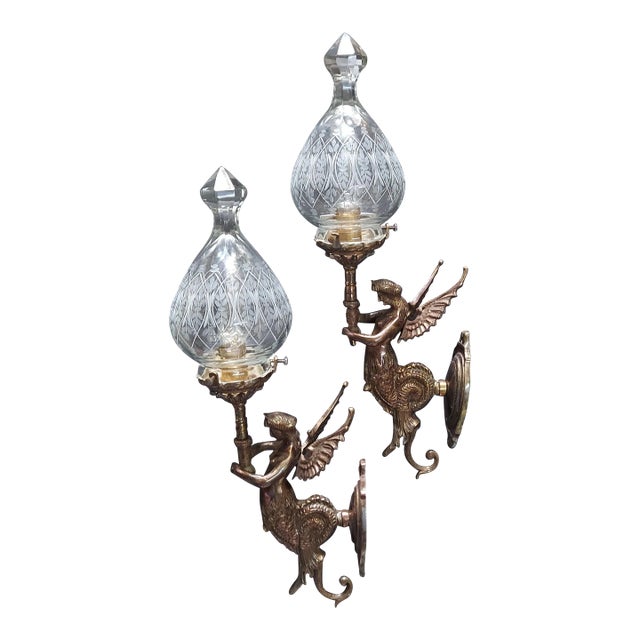 Pair Vintage 1940s Art Nouveau Deco Mermaid Wall Sconces Fixture in Brass & Glass For Sale