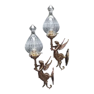 Pair Vintage 1940s Art Nouveau Deco Mermaid Wall Sconces Fixture in Brass & Glass