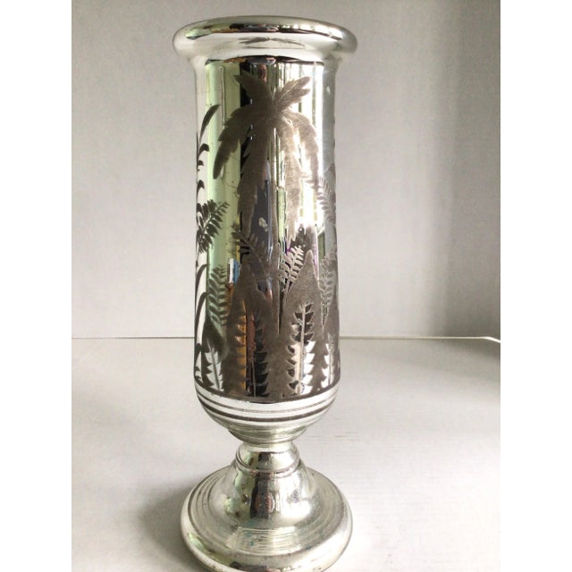 1920s Mercury Glass Vase with Applied Etched Decal Design Gold colored interior