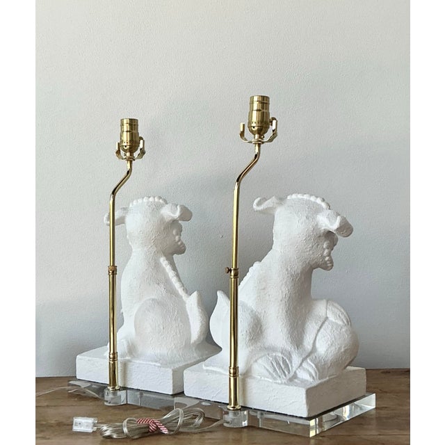White Vintage Asian Textured Foo Dog Lamps - A Pair For Sale - Image 8 of 12