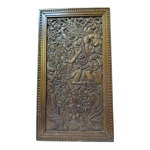1960s Balinese Hand-Carved Teak Mythological & Bhoma Relief Panel - Museum Auction Provenance For Sale