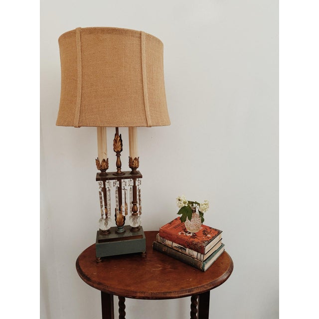 Vintage Antique Tall French Style Sage Accent Crystal Lamp W/ Burlap Shade- 15x31” Beautiful, antique or early vintage,...