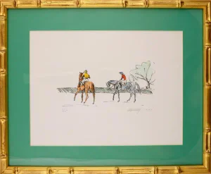 Two Steeplechasers in Gilt Bamboo Frame by Lloyd Kelly