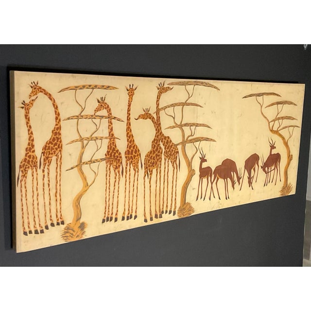 Vintage Mid-century Modern large framed African wild life Batik textile wall art, signed by artist. Beautifully done wild...