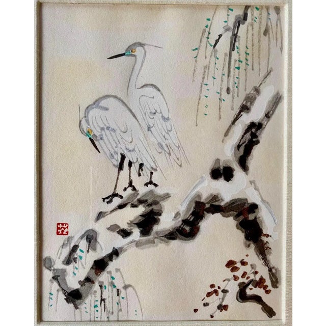 Japanese Paintings of Cranes, Ink and Tempera in Gilt Wood Frames, a Pair For Sale - Image 9 of 13