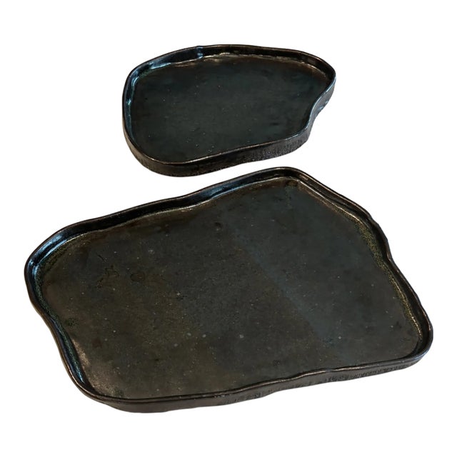 1990s Organic Glazed Ceramic Display Slabs – Graduated Sculptural Pair For Sale