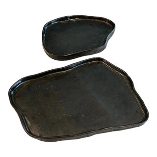 1990s Wabi-Sabi Style Organic Glazed Ceramic Display Slabs – Graduated Sculptural Pair For Sale
