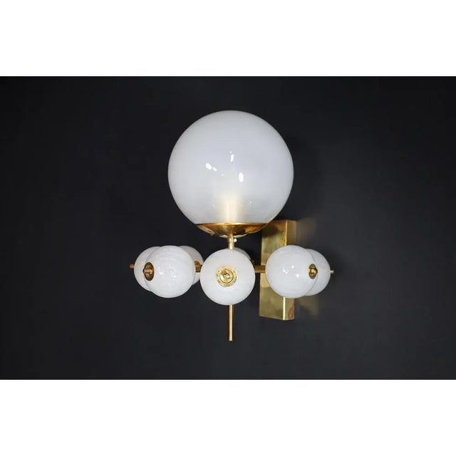 Mid-Century Brass Wall Light with Hand-Blown White Glass Globes, 1970s For Sale - Image 4 of 13