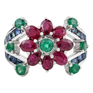 Modern Floral Design Ruby Emerald & Blue Sapphire Cocktail Ring in 925 Silver- Size 8 For Sale