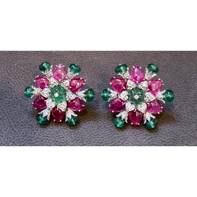 Tutti Frutti Earrings/ Natural Emerald Rubellite Earrings/ Carving Leaf 18 KWG For Sale - Image 18 of 18