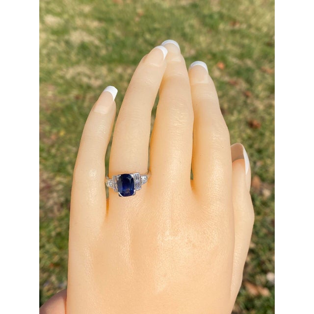 Rue Montorgueil: Elongated Treated Sapphire in Antique Platinum and Natural Diamond Ring For Sale - Image 10 of 11