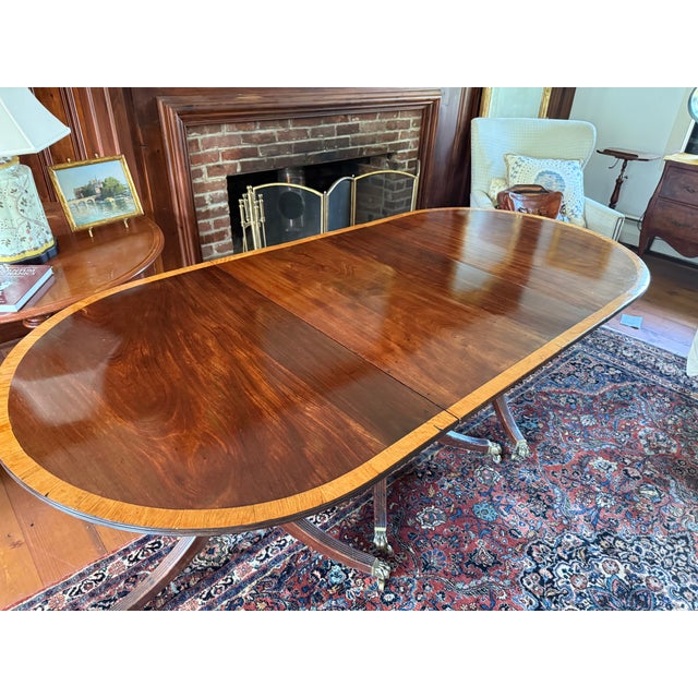 Antique Grand Regency-Style Three-Pedestal Mahogany Dining Suite, Seats 12 — Table + 10 Chairs — Brass Paw Casters For Sale - Image 4 of 10