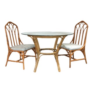 Henry Link Bamboo Cathedral Dining Chairs With Round Bamboo and Glass Table For Sale